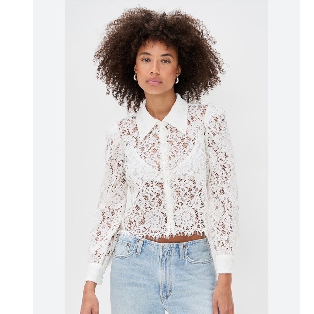 LOFT NWT White Floral Lace Button Down Collared Shirt XS Beach Boho Romantic